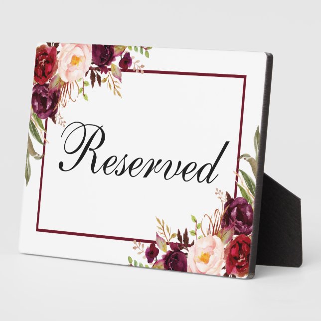 Burgundy Floral Reserved Wedding 5x7 Table Plaque (Side)