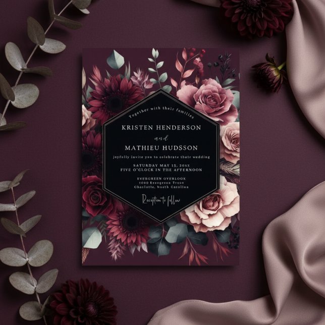 Burgundy Floral Romantic Wedding Invitation (Creator Uploaded)