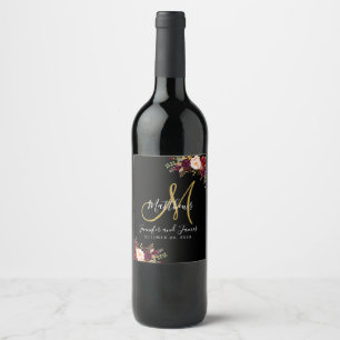 Burgundy Floral Rose Black Gold Monogram Wedding Wine Label