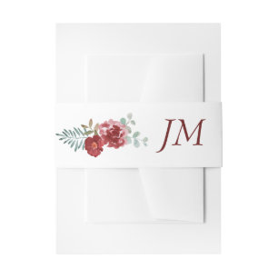 Burgundy Floral Rose Foliage Monogram Wedding Invitation Belly Band