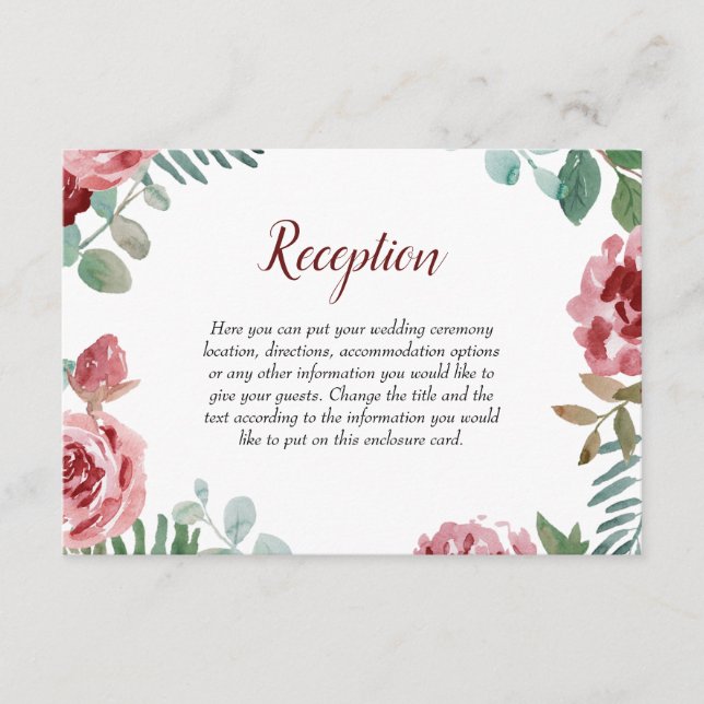 Burgundy Floral Rose Foliage Wedding Enclosure Card (Front)