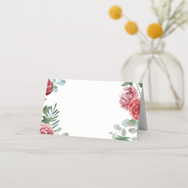 Burgundy Floral Rose Foliage Wedding Place Card (Front)