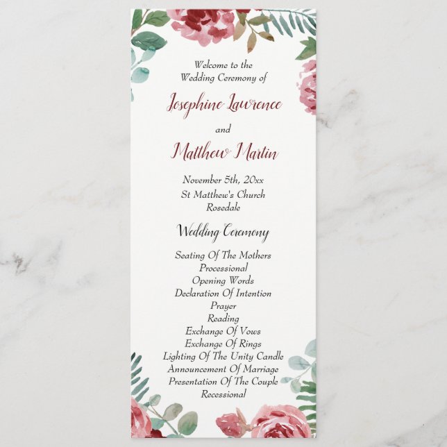 Burgundy Floral Rose Foliage Wedding Programs Programme (Front)