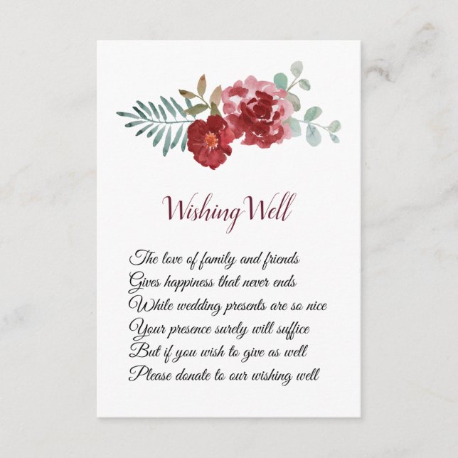 Burgundy Floral Rose Foliage Wedding Wishing Well Enclosure Card (Front)