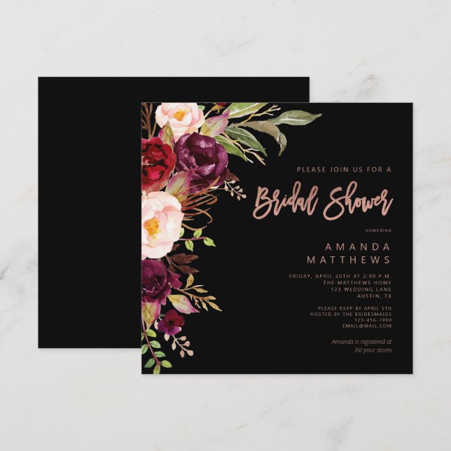 Burgundy Floral Rose Gold Black Bridal Shower Invitation (Front/Back)