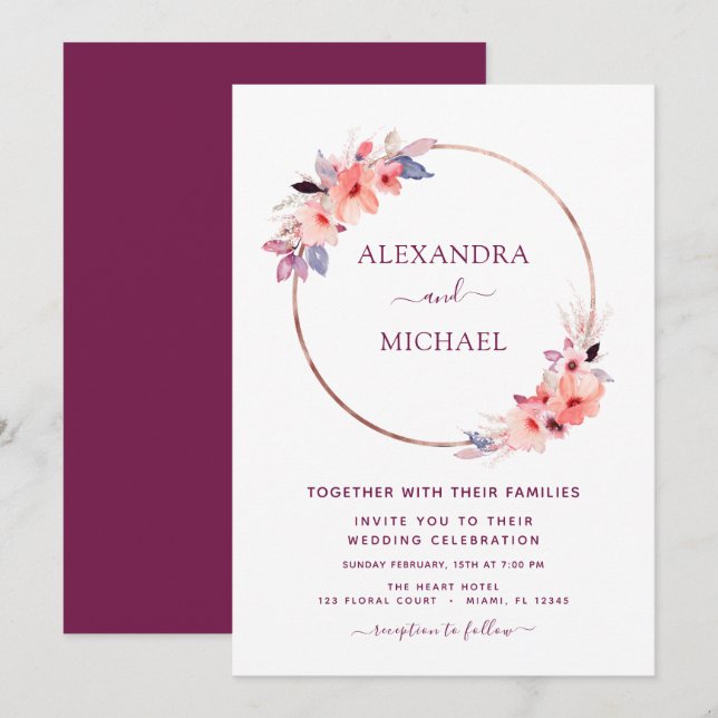Burgundy Floral Rose Gold Geometric Wedding Invitation (Front/Back)