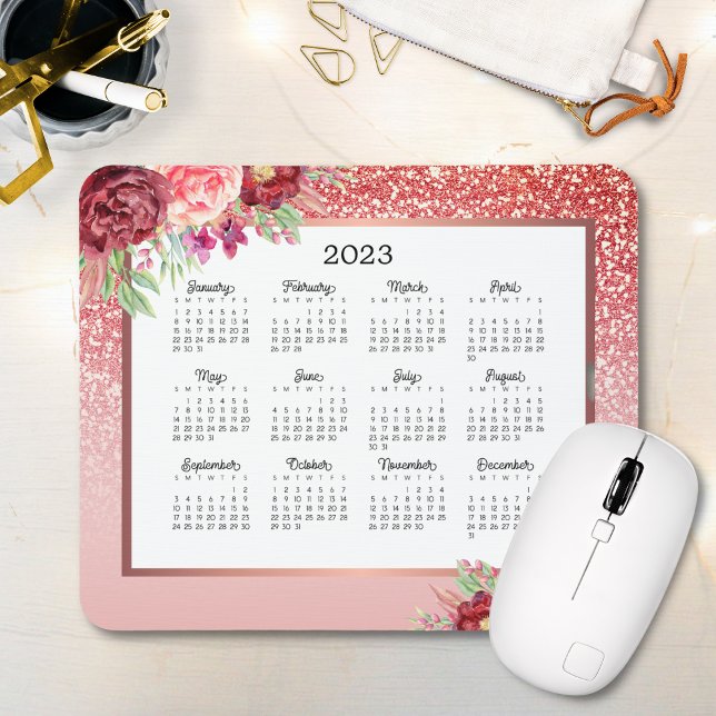 Burgundy Floral Rose Gold Glitter 2023 Calendar Mouse Mat (Creator Uploaded)