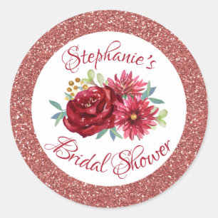 Burgundy Floral Rose Gold Glitter Bridal Shower Classic Round Sticker