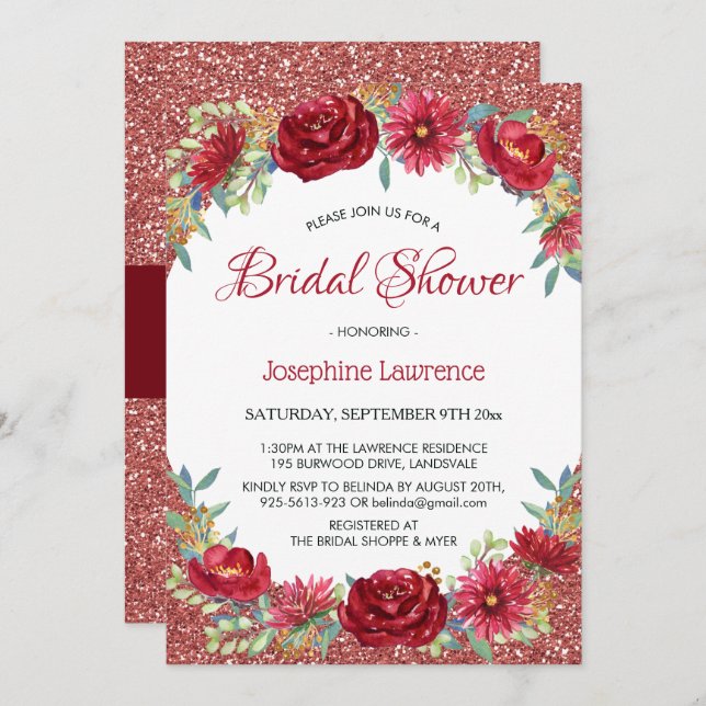 Burgundy Floral Rose Gold Glitter Bridal Shower Invitation (Front/Back)