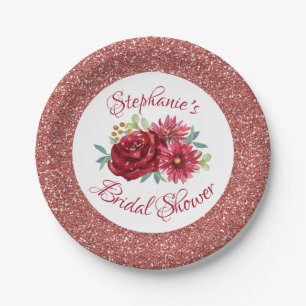Burgundy Floral Rose Gold Glitter Bridal Shower Paper Plate
