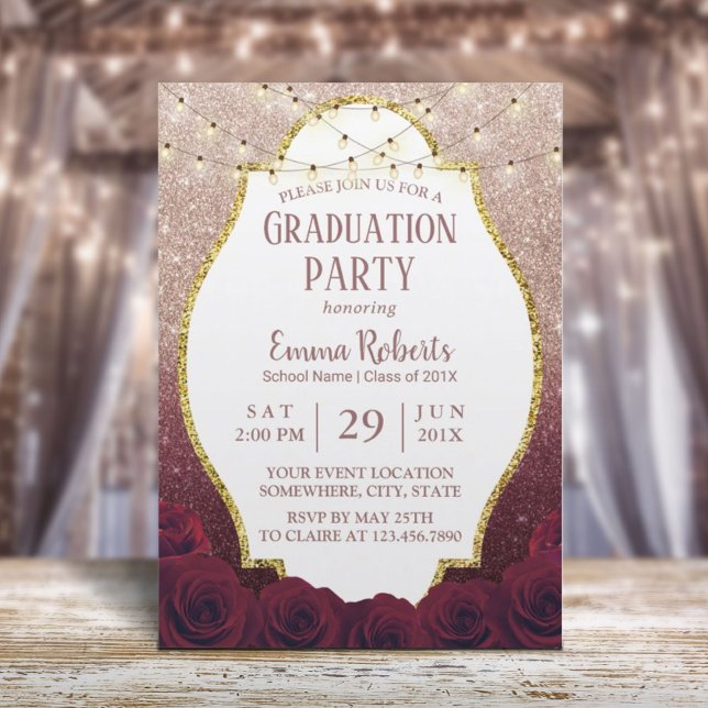 Burgundy Floral Rose Gold Glitter Ombre Graduation Invitation (Creator Uploaded)