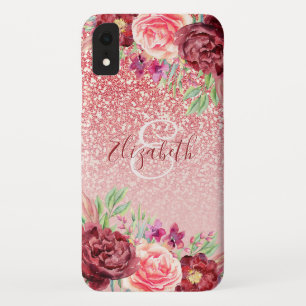 Burgundy Floral Rose Gold Glitter Personalised iPhone XR Case