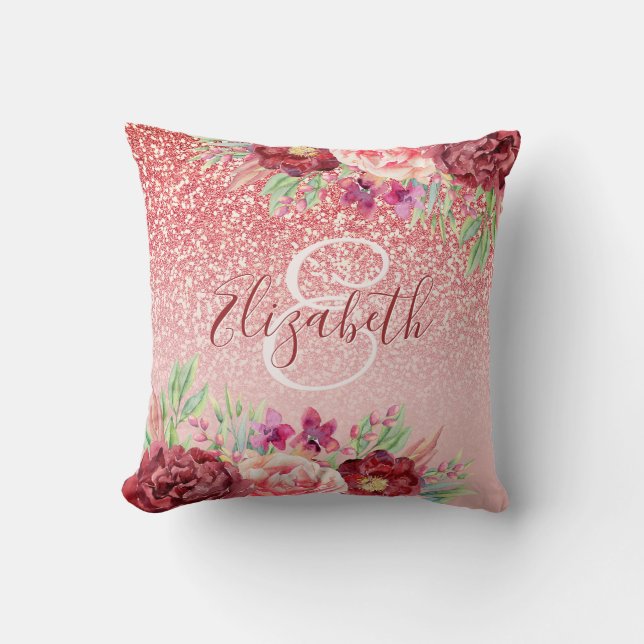 Burgundy Floral Rose Gold Glitter Personalised Cushion (Front)