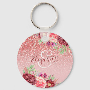 Burgundy Floral Rose Gold Glitter Personalised Key Ring