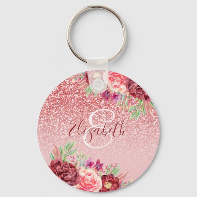 Burgundy Floral Rose Gold Glitter Personalised Key Ring (Front)