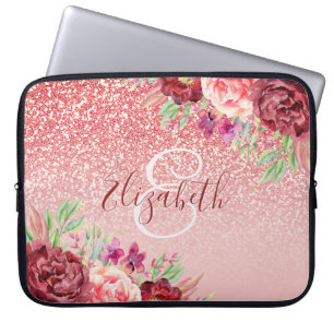 Burgundy Floral Rose Gold Glitter Personalised Laptop Sleeve