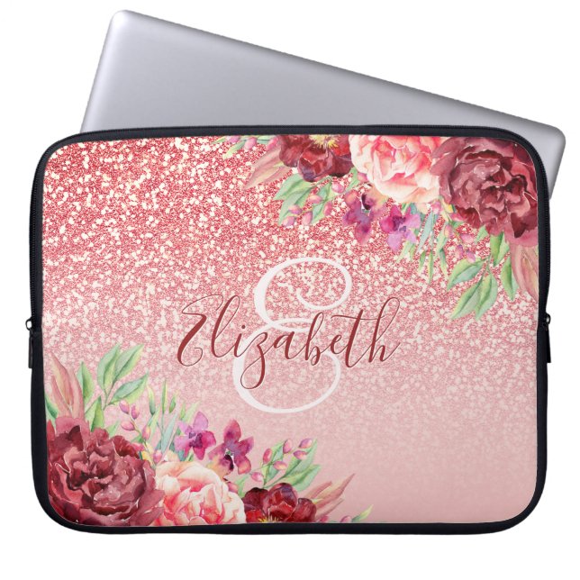 Burgundy Floral Rose Gold Glitter Personalised Laptop Sleeve (Front)