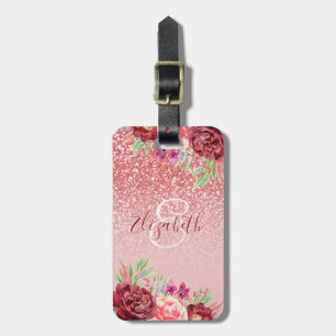 Burgundy Floral Rose Gold Glitter Personalised Luggage Tag