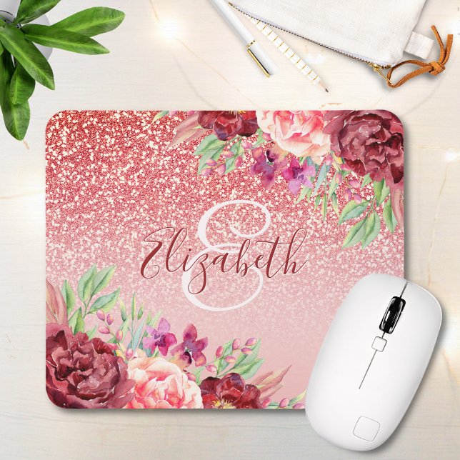 Burgundy Floral Rose Gold Glitter Personalised Mouse Mat (Creator Uploaded)