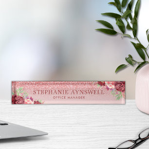 Burgundy Floral Rose Gold Glitter Personalised Nameplate