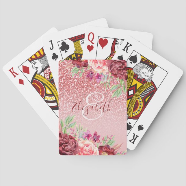 Burgundy Floral Rose Gold Glitter Personalised Playing Cards (Back)