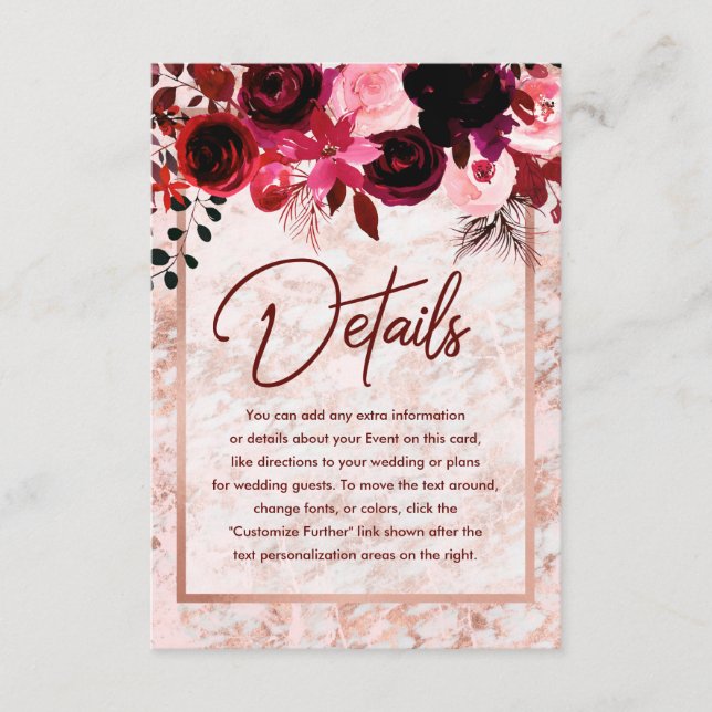 Burgundy Floral & Rose Gold Marble Wedding Details Enclosure Card (Front)