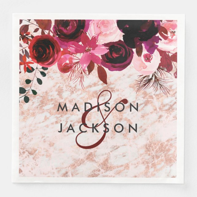 Burgundy Floral Rose Gold Marble Wedding Monogram Napkin (Front)