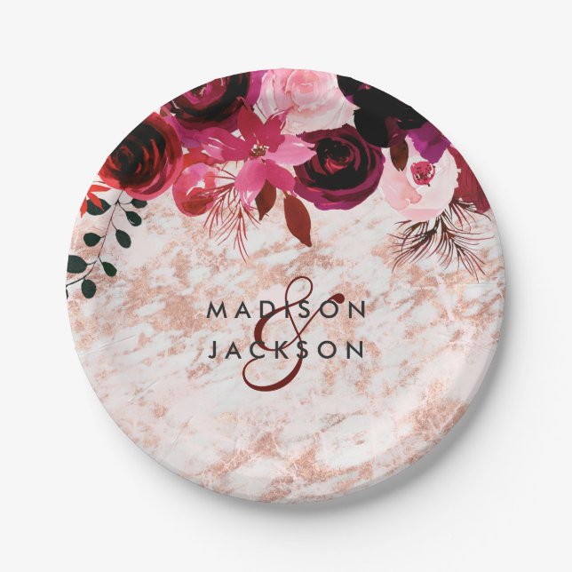 Burgundy Floral Rose Gold Marble Wedding Monogram Paper Plate (Front)