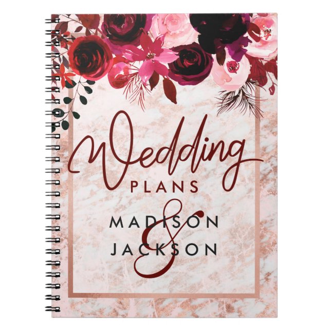 Burgundy Floral & Rose Gold Marble Wedding Planner Notebook (Front)