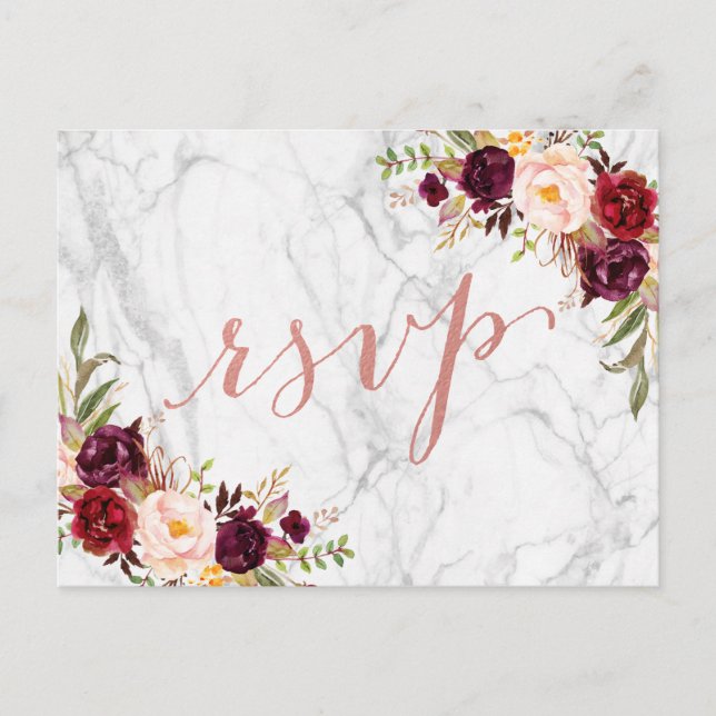 Burgundy Floral Rose Gold Marble Wedding RSVP Invitation Postcard (Front)