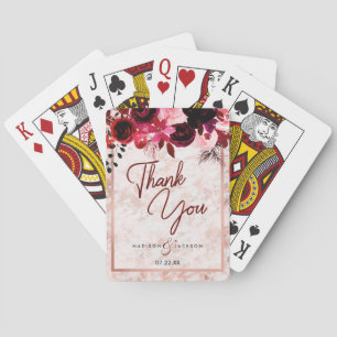Burgundy Floral Rose Gold Marble Wedding Thank You Playing Cards