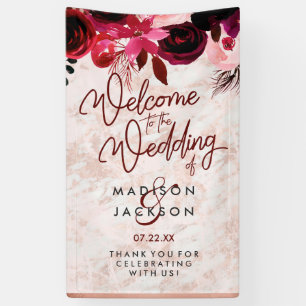 Burgundy Floral & Rose Gold Marble Wedding Welcome Banner