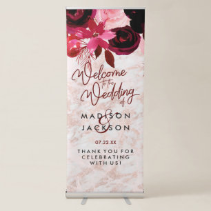 Burgundy Floral & Rose Gold Marble Wedding Welcome Retractable Banner