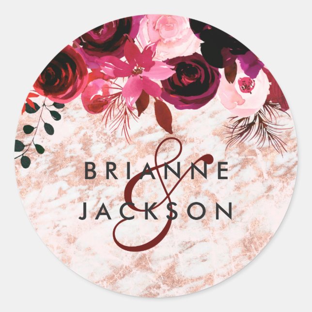 Burgundy Floral & Rose Gold Monogram Wedding Classic Round Sticker (Front)
