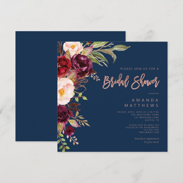Burgundy Floral Rose Gold Navy Blue Bridal Shower Invitation (Front/Back)