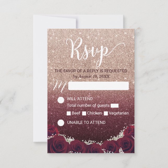 Burgundy Floral Rose Gold Ombre Wedding RSVP (Front)
