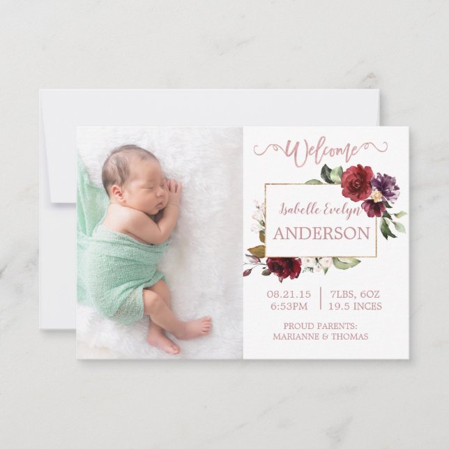 Burgundy Floral Rose Gold Photo Birth Announcement (Front)