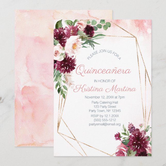 Burgundy Floral Rose Gold Quinceañera Birthday Invitation (Front/Back)