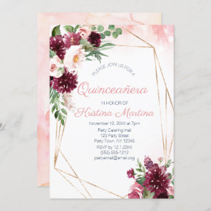 Burgundy Floral Rose Gold Quinceañera Birthday Invitation
