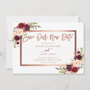 Burgundy Floral Rose Gold Save Our New Date Save The Date