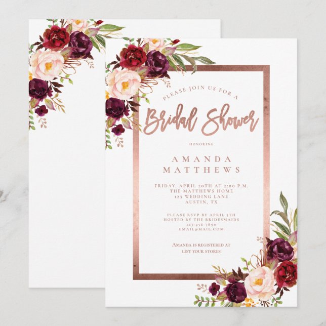 Burgundy Floral Rose Gold Script Bridal Shower Invitation (Front/Back)