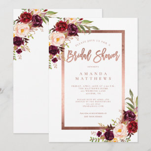 Burgundy Floral Rose Gold Script Bridal Shower Invitation