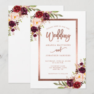 Burgundy Floral Rose Gold Script Elegant Wedding Invitation