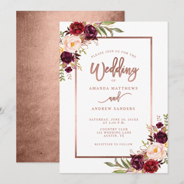 Burgundy Floral Rose Gold Script Wedding Invitation (Front/Back)