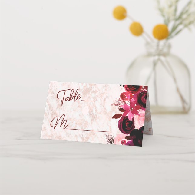 Burgundy Floral & Rose Gold Seating Table Number Place Card (Front)