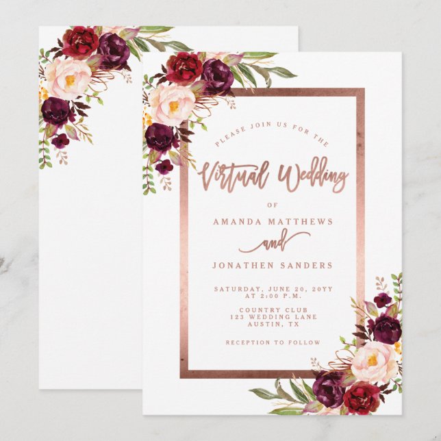 Burgundy Floral Rose Gold Virtual Wedding Invitation (Front/Back)