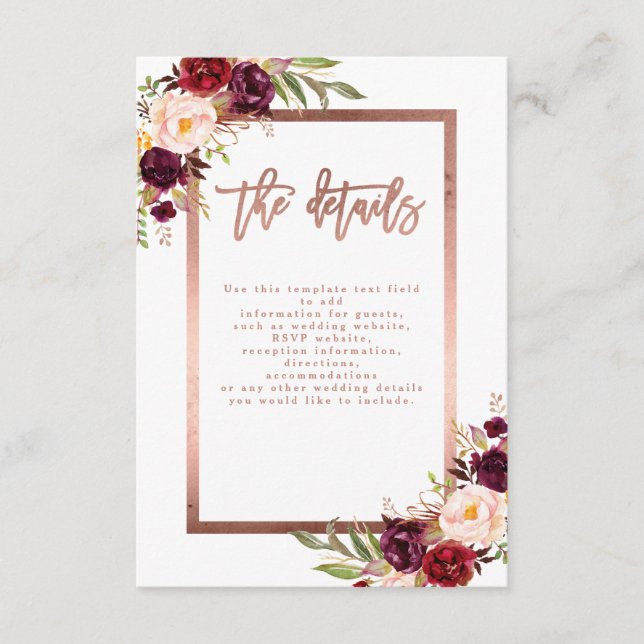Burgundy Floral Rose Gold Wedding Details Enclosure Card (Front)