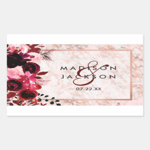 Burgundy Floral & Rose Gold Wedding Monogram Rectangular Sticker