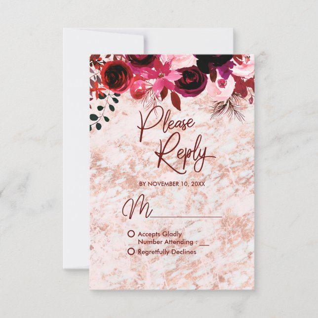Burgundy Floral & Rose Gold Wedding Reply RSVP Card (Front)