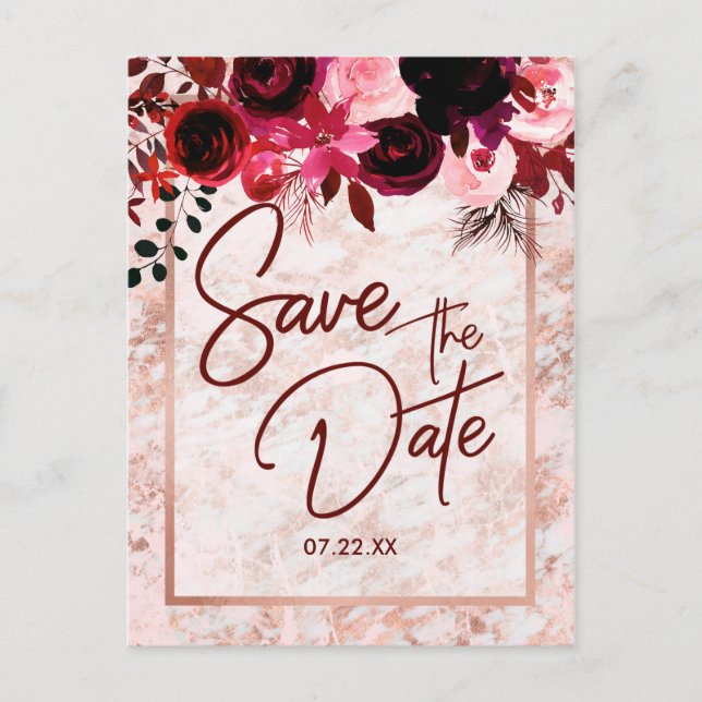 Burgundy Floral & Rose Gold Wedding Save the Date Announcement Postcard (Front)